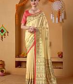 Cream printed art silk traditional saree with blouse piece