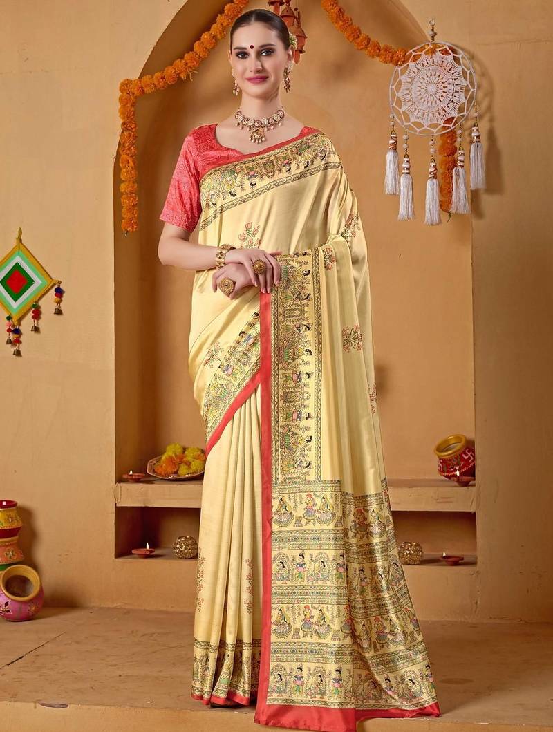 Cream printed art silk traditional saree with blouse piece