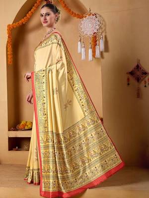 Cream printed art silk traditional saree with blouse piece 2