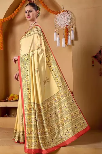 Cream printed art silk traditional saree with blouse piece