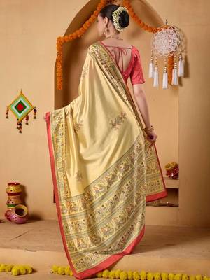 Cream printed art silk traditional saree with blouse piece 3