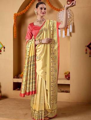Cream printed art silk traditional saree with blouse piece 5