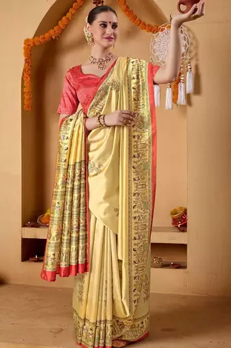 Cream printed art silk traditional saree with blouse piece