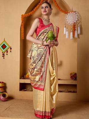Cream printed art silk traditional saree with blouse piece 1
