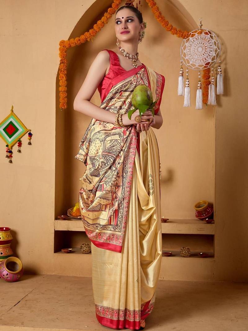 Cream printed art silk traditional saree with blouse piece