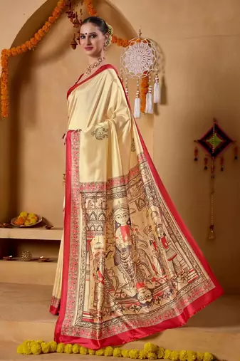 Cream printed art silk traditional saree with blouse piece