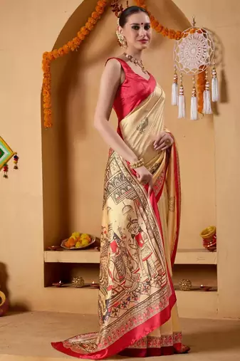 Cream printed art silk traditional saree with blouse piece