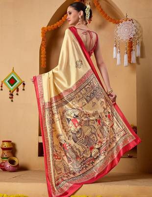 Cream printed art silk traditional saree with blouse piece 5