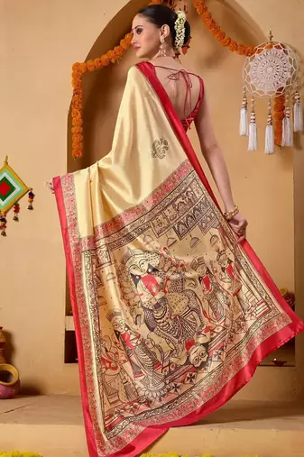 Cream printed art silk traditional saree with blouse piece