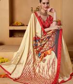 Cream printed art silk traditional saree with blouse piece