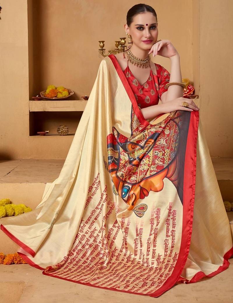 Cream printed art silk traditional saree with blouse piece