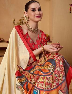Cream printed art silk traditional saree with blouse piece 2