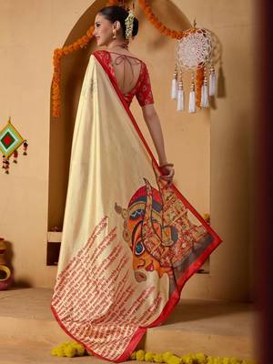 Cream printed art silk traditional saree with blouse piece 3