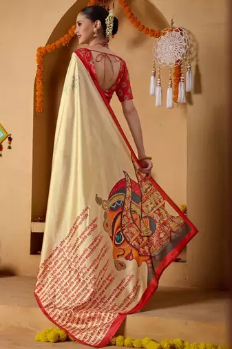 Cream printed art silk traditional saree with blouse piece