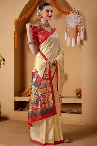 Cream printed art silk traditional saree with blouse piece