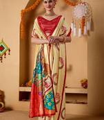 Cream printed art silk traditional saree with blouse piece