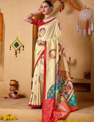 Cream printed art silk traditional saree with blouse piece 2