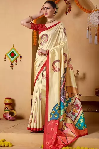 Cream printed art silk traditional saree with blouse piece