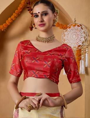 Cream printed art silk traditional saree with blouse piece 3