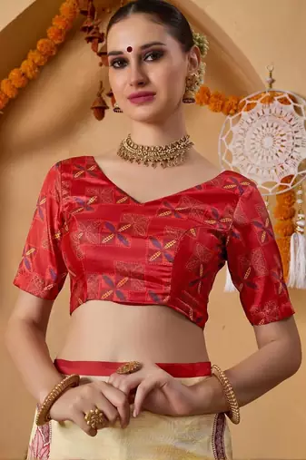 Cream printed art silk traditional saree with blouse piece