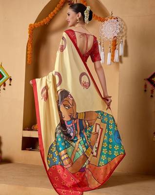 Cream printed art silk traditional saree with blouse piece 4