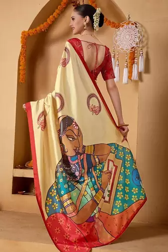 Cream printed art silk traditional saree with blouse piece