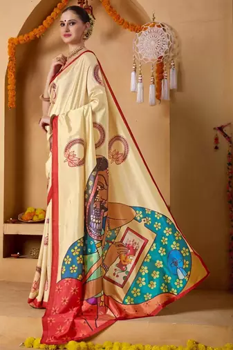 Cream printed art silk traditional saree with blouse piece