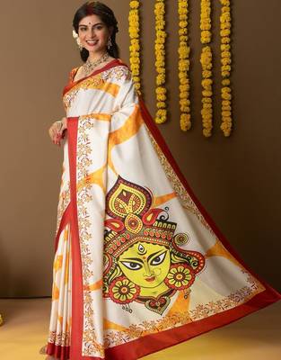 White printed silk blend ethnic saree with blouse piece 1