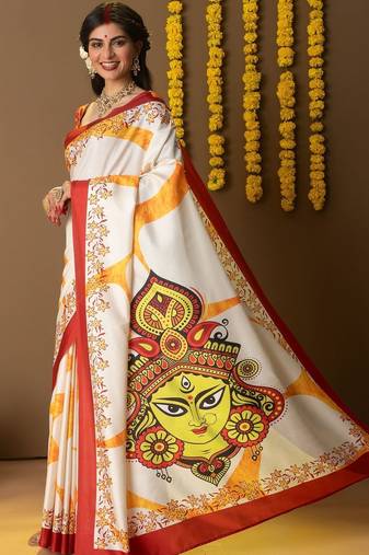 White printed silk blend ethnic saree with blouse piece