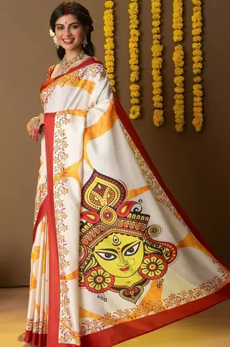 White printed silk blend ethnic saree with blouse piece
