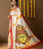 White printed silk blend ethnic saree with blouse piece