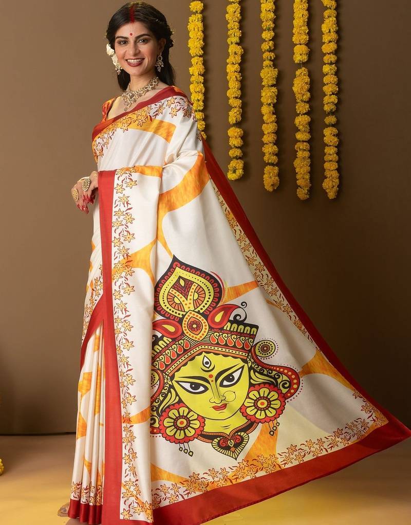 White printed silk blend ethnic saree with blouse piece