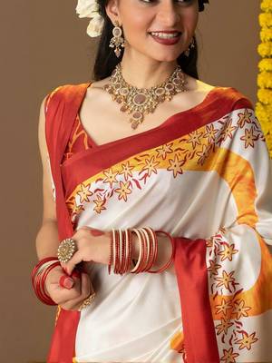 White printed silk blend ethnic saree with blouse piece 2