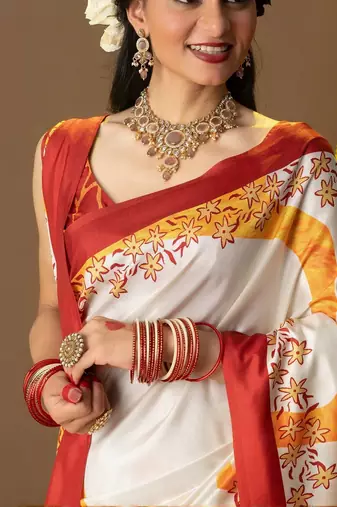 White printed silk blend ethnic saree with blouse piece