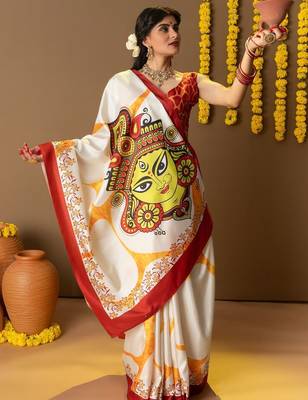 White printed silk blend ethnic saree with blouse piece 3