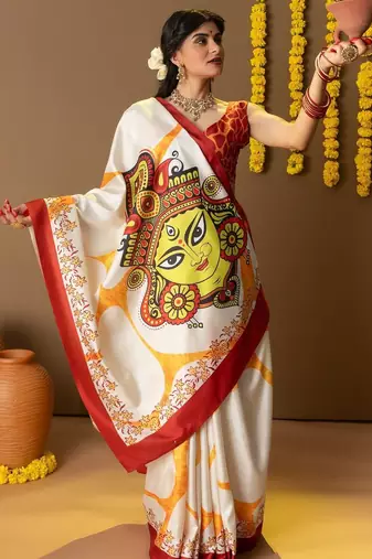 White printed silk blend ethnic saree with blouse piece