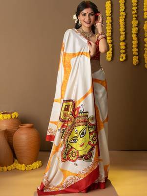 White printed silk blend ethnic saree with blouse piece 4