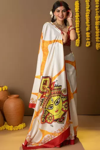 White printed silk blend ethnic saree with blouse piece
