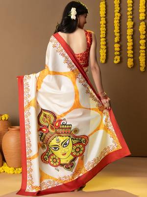 White printed silk blend ethnic saree with blouse piece 5