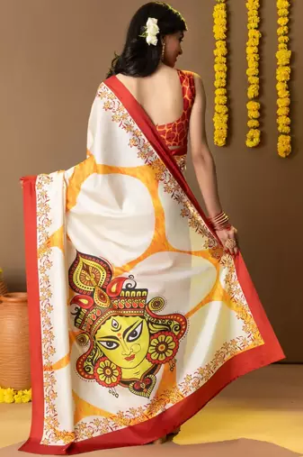 White printed silk blend ethnic saree with blouse piece