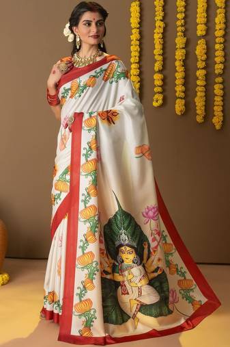 Off white printed silk blend ethnic saree with blouse piece