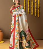 Off white printed silk blend ethnic saree with blouse piece