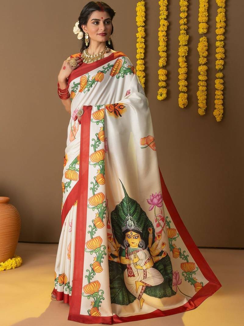 Off white printed silk blend ethnic saree with blouse piece