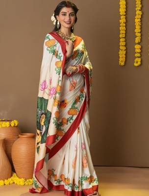 Off white printed silk blend ethnic saree with blouse piece 2