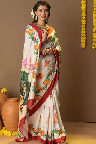 Off white printed silk blend ethnic saree with blouse piece