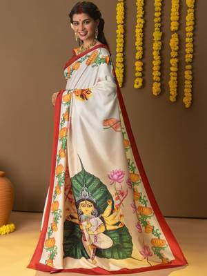 Off white printed silk blend ethnic saree with blouse piece 3