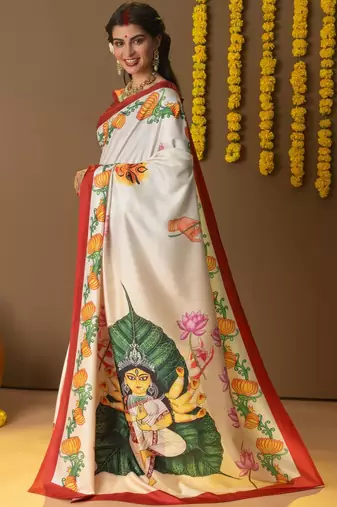 Off white printed silk blend ethnic saree with blouse piece