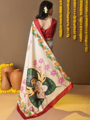 Off white printed silk blend ethnic saree with blouse piece 4