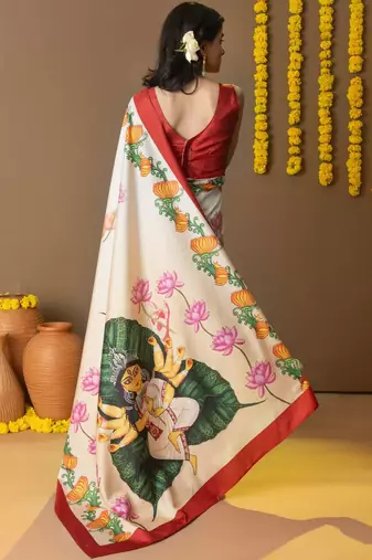 Off white printed silk blend ethnic saree with blouse piece
