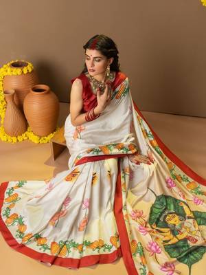 Off white printed silk blend ethnic saree with blouse piece 5